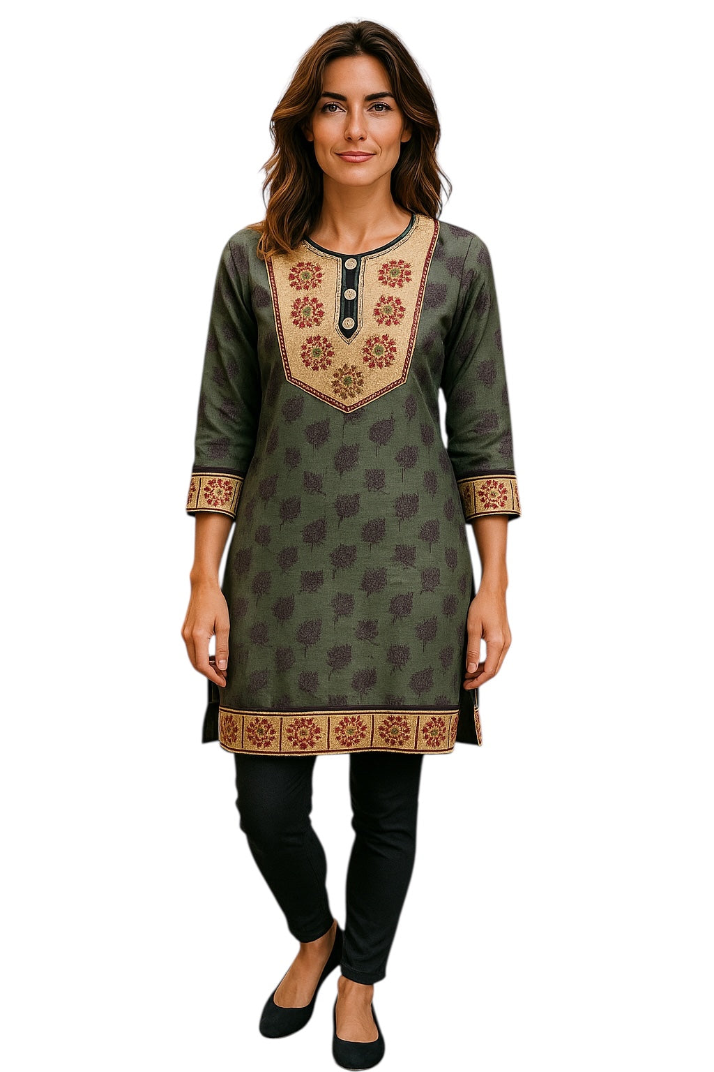 Women Grey Floral Design with Multi Color Round Neckline, Cuffs and hem 3/4 Sleeves tunic Kurti, Kurta Top.