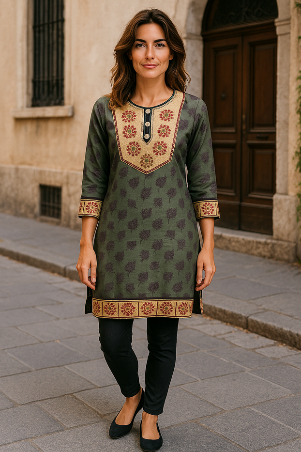 Women Grey Floral Design with Multi Color Round Neckline, Cuffs and hem 3/4 Sleeves tunic Kurti, Kurta Top.