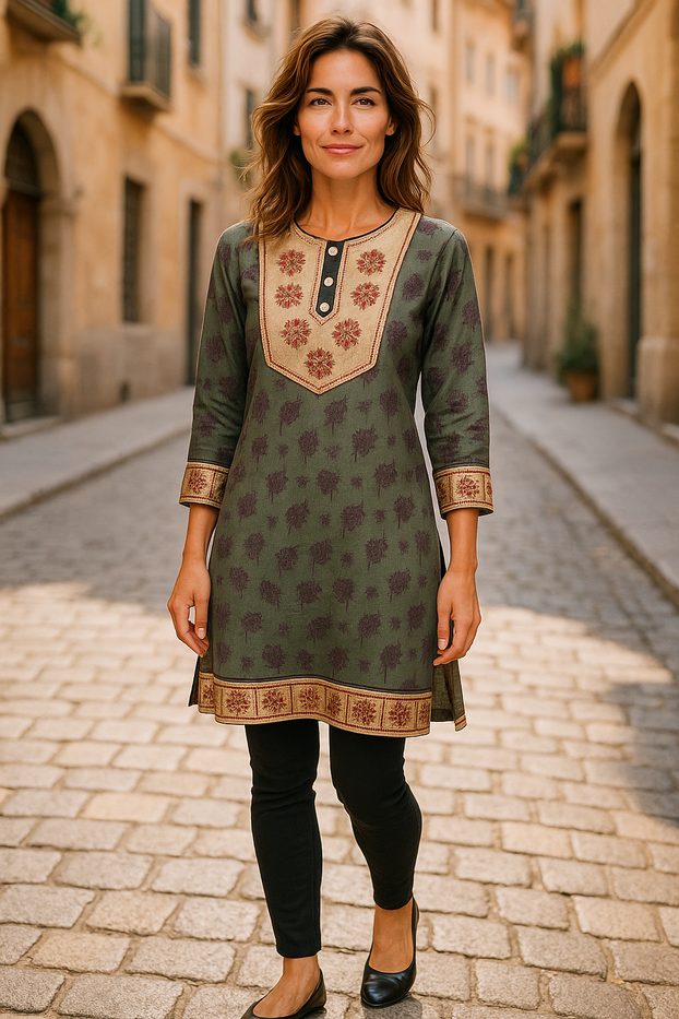 Women Grey Floral Design with Multi Color Round Neckline, Cuffs and hem 3/4 Sleeves tunic Kurti, Kurta Top.