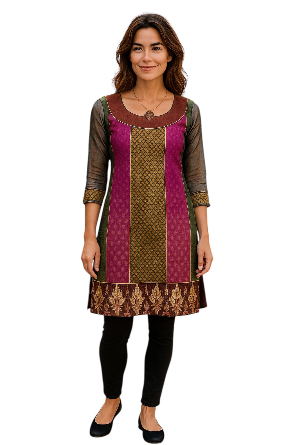 Women Magenta and Green Vertical Stripes with Sliver piping Gold and Brown Neckline, hem 3/4 Sleeves tunic Kurti, Kurta Top.