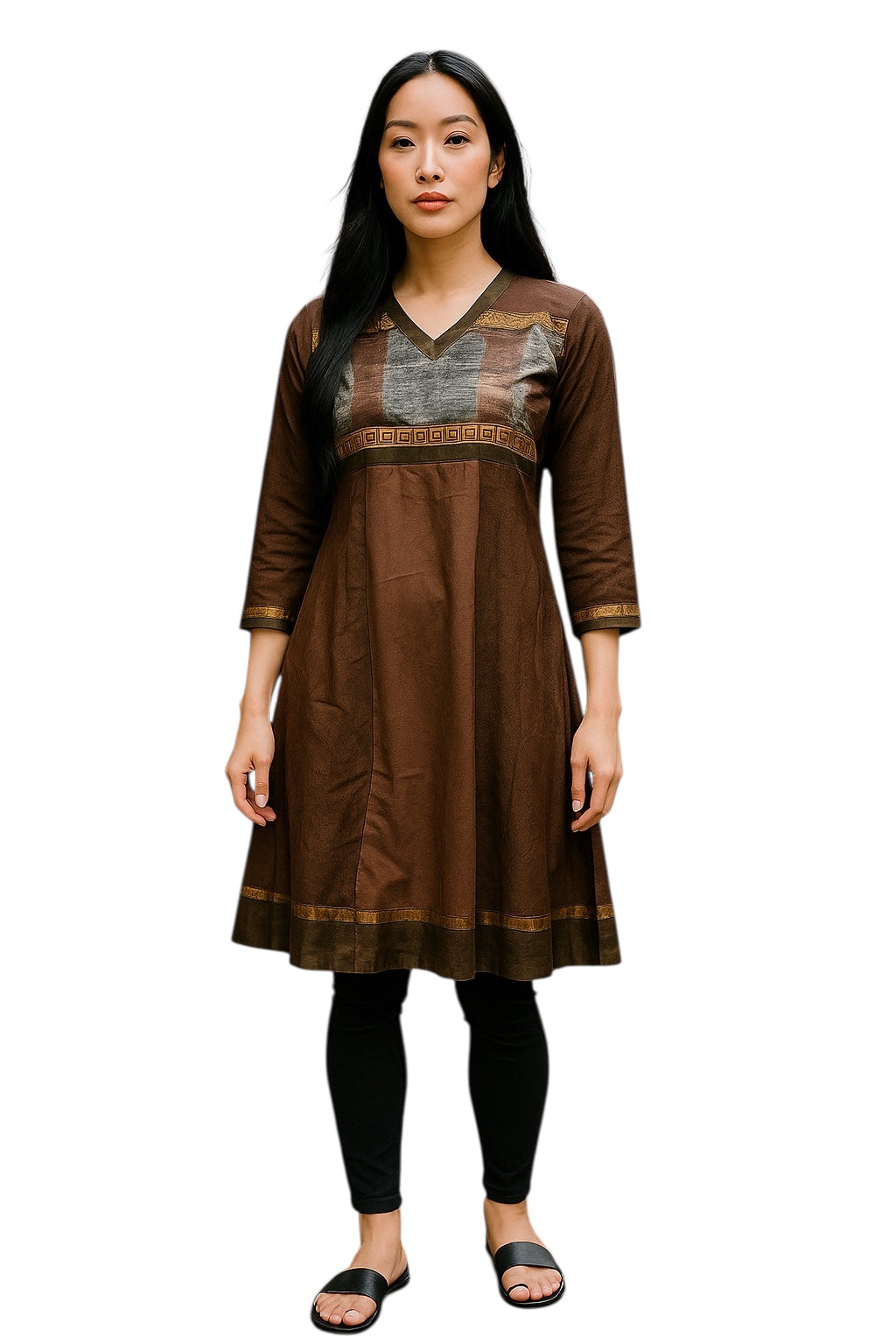 Women Brown and floral Print Vertical Stripes with Brown Neckline, waist and hem, V-Neck, 3/4 Sleeves tunic Kurti, Kurta Top.