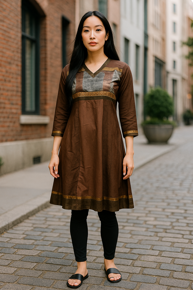 Women Brown and floral Print Vertical Stripes with Brown Neckline, waist and hem, V-Neck, 3/4 Sleeves tunic Kurti, Kurta Top.