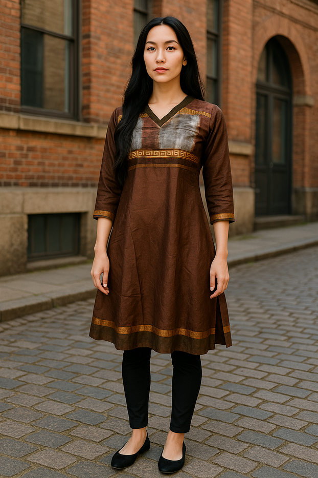 Women Brown and floral Print Vertical Stripes with Brown Neckline, waist and hem, V-Neck, 3/4 Sleeves tunic Kurti, Kurta Top.