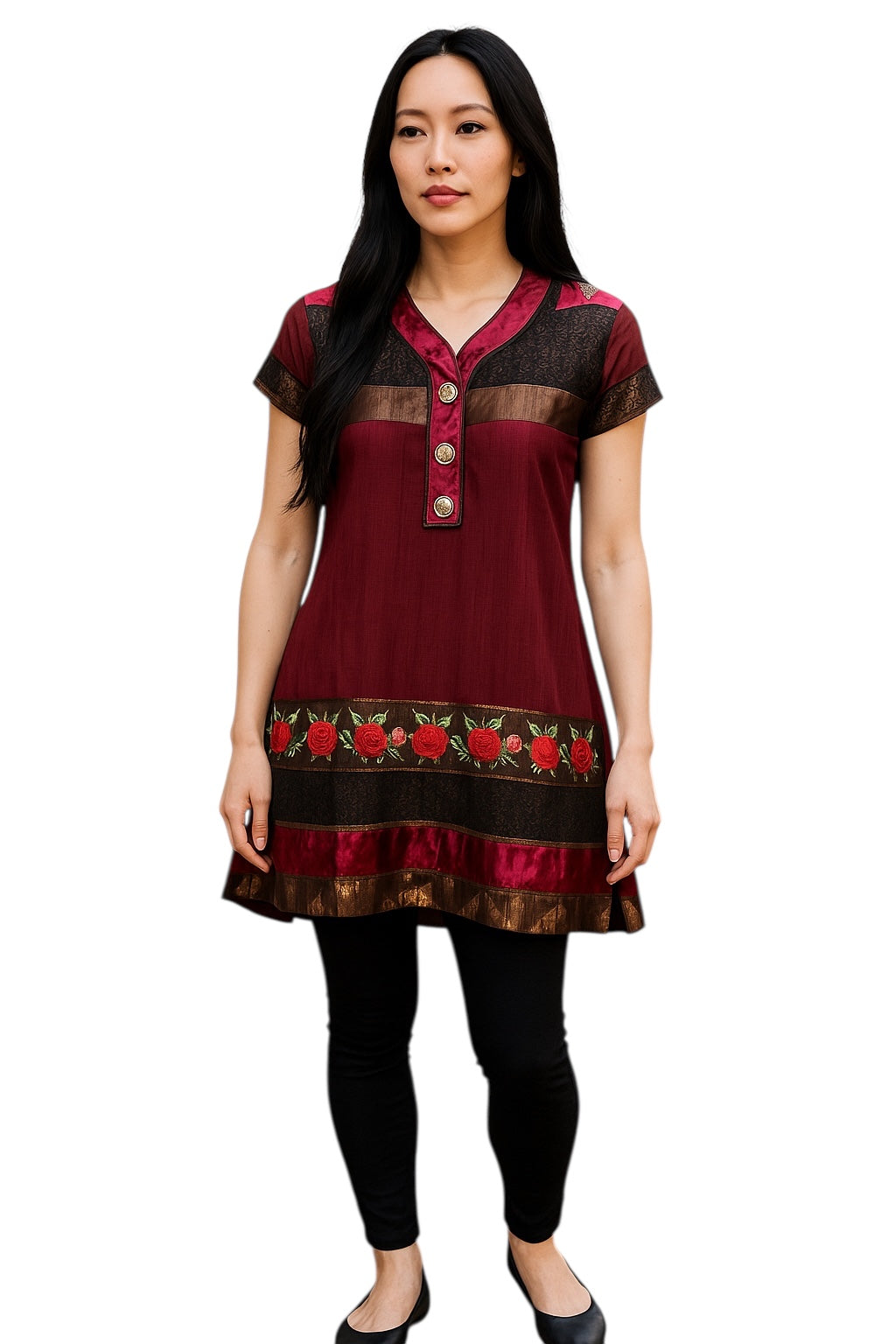 Women Maroon and Brown with Rose Design Maroon Velvet Brown lace V-Neck and Short Sleeves tunic Kurti, Kurta Tunic Top.