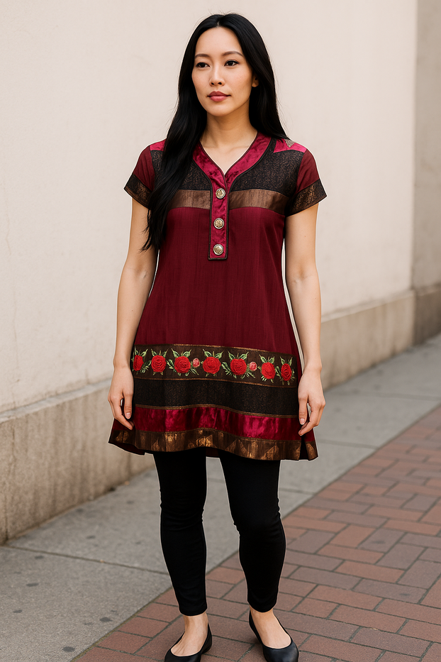Women Maroon and Brown with Rose Design Maroon Velvet Brown lace V-Neck and Short Sleeves tunic Kurti, Kurta Tunic Top.