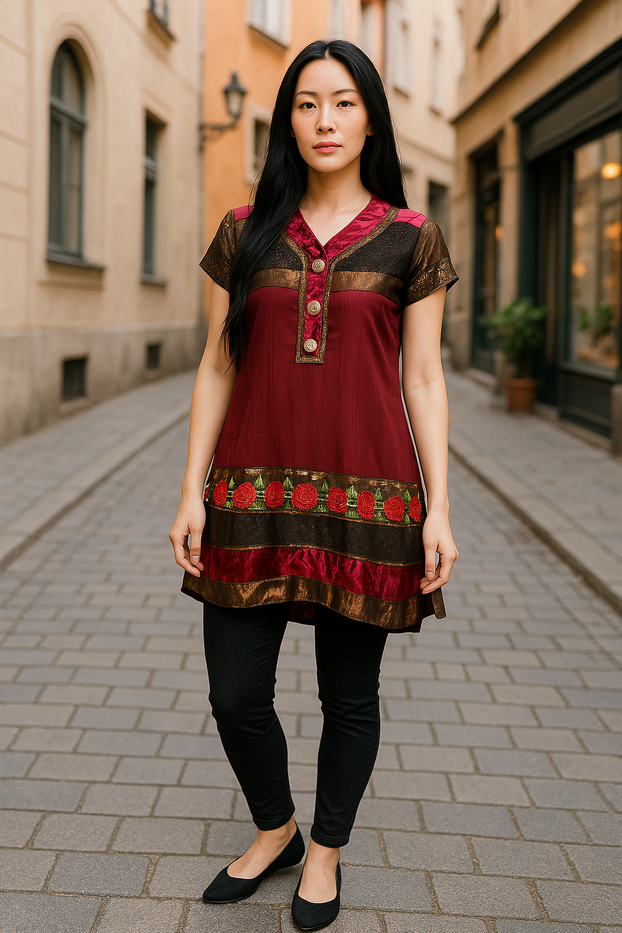 Women Maroon and Brown with Rose Design Maroon Velvet Brown lace V-Neck and Short Sleeves tunic Kurti, Kurta Tunic Top.
