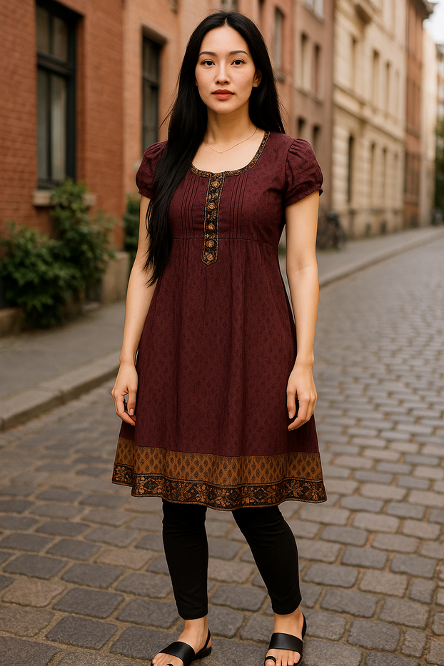Women Maroon Tunic Black and Gold patch Neckline, hem with matching button on fron round Neck, Short sleeves Kurti, Kurta Tunic Top.