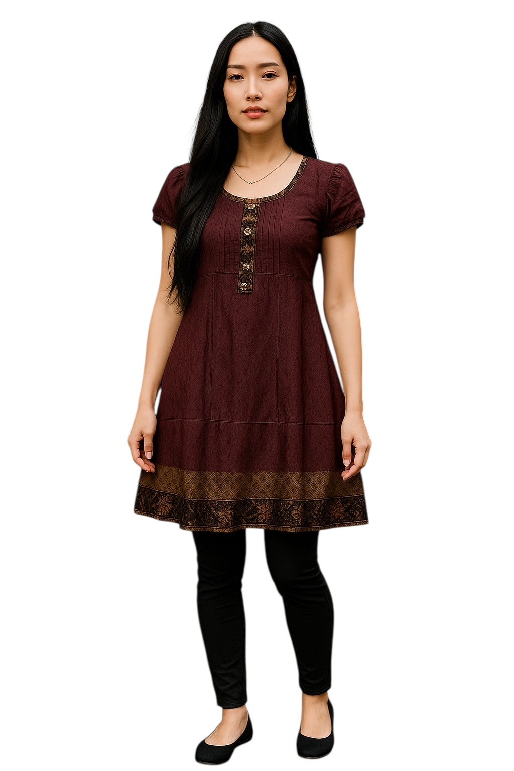 Women Maroon Tunic Black and Gold patch Neckline, hem with matching button on fron round Neck, Short sleeves Kurti, Kurta Tunic Top.