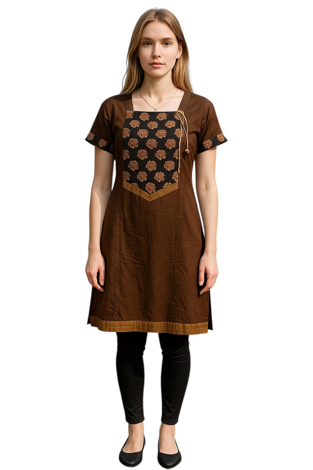 Women Brown Round neck Short Sleeves Tunic with Black and golden yoke with Bronze Patch Neckline, Sleeves and button Kurti, Kurta Tunic Top.