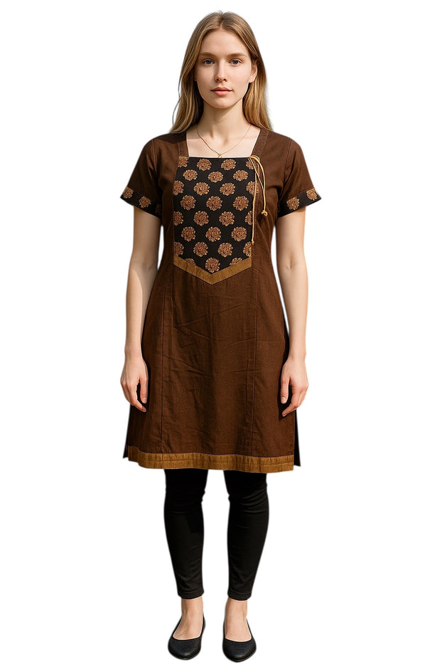 Women Brown Round neck Short Sleeves Tunic with Black and golden yoke with Bronze Patch Neckline, Sleeves and button Kurti, Kurta Tunic Top.
