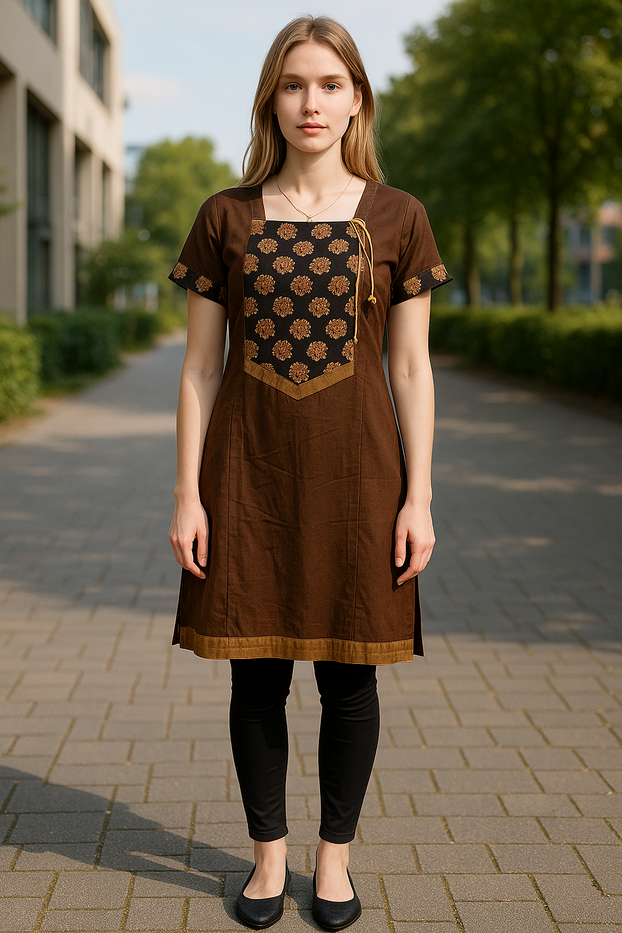 Women Brown Round neck Short Sleeves Tunic with Black and golden yoke with Bronze Patch Neckline, Sleeves and button Kurti, Kurta Tunic Top.