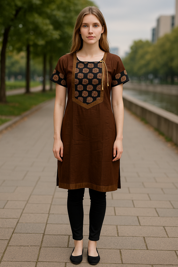 Women Brown Round neck Short Sleeves Tunic with Black and golden yoke with Bronze Patch Neckline, Sleeves and button Kurti, Kurta Tunic Top.