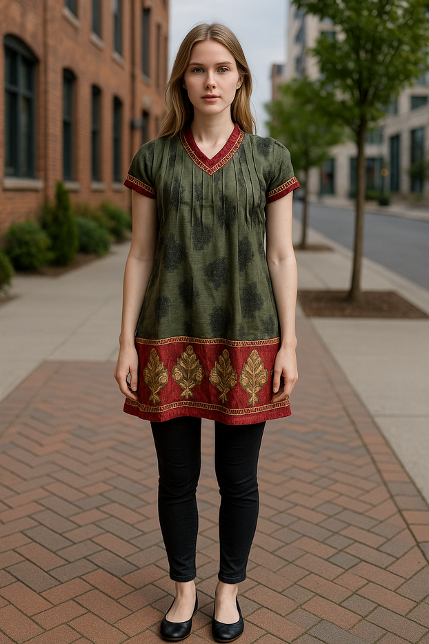 Women Olive-green V-Neck Short Sleeves Tunic with Burgundy and gold Neck, Sleeeves, with embroidery hem Kurti, Kurta Tunic Top.