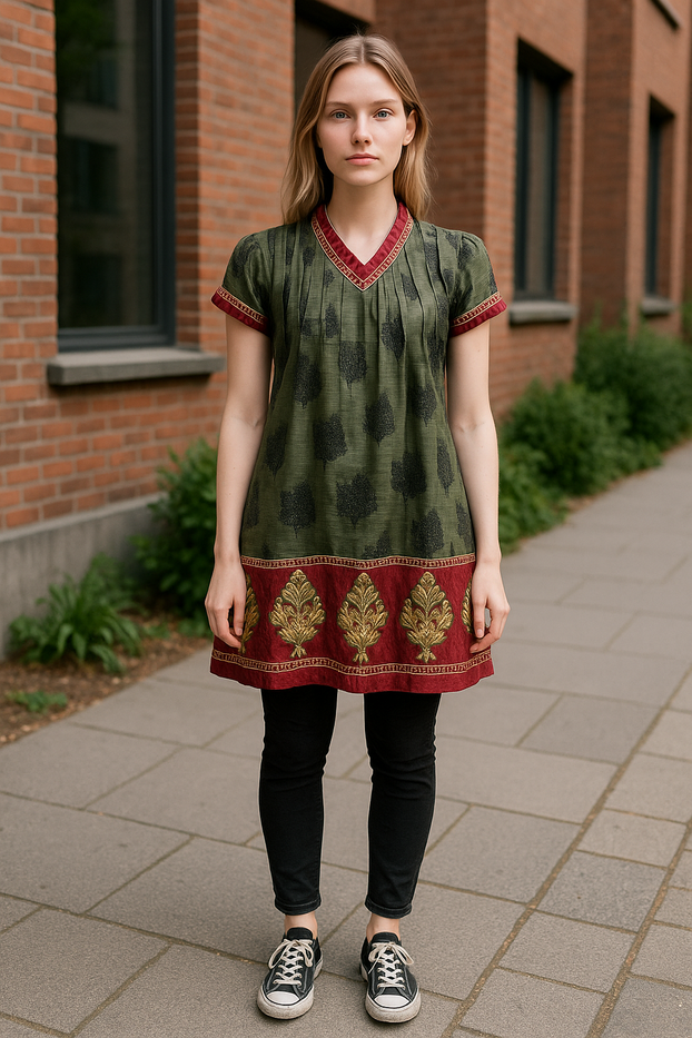 Women Olive-green V-Neck Short Sleeves Tunic with Burgundy and gold Neck, Sleeeves, with embroidery hem Kurti, Kurta Tunic Top.