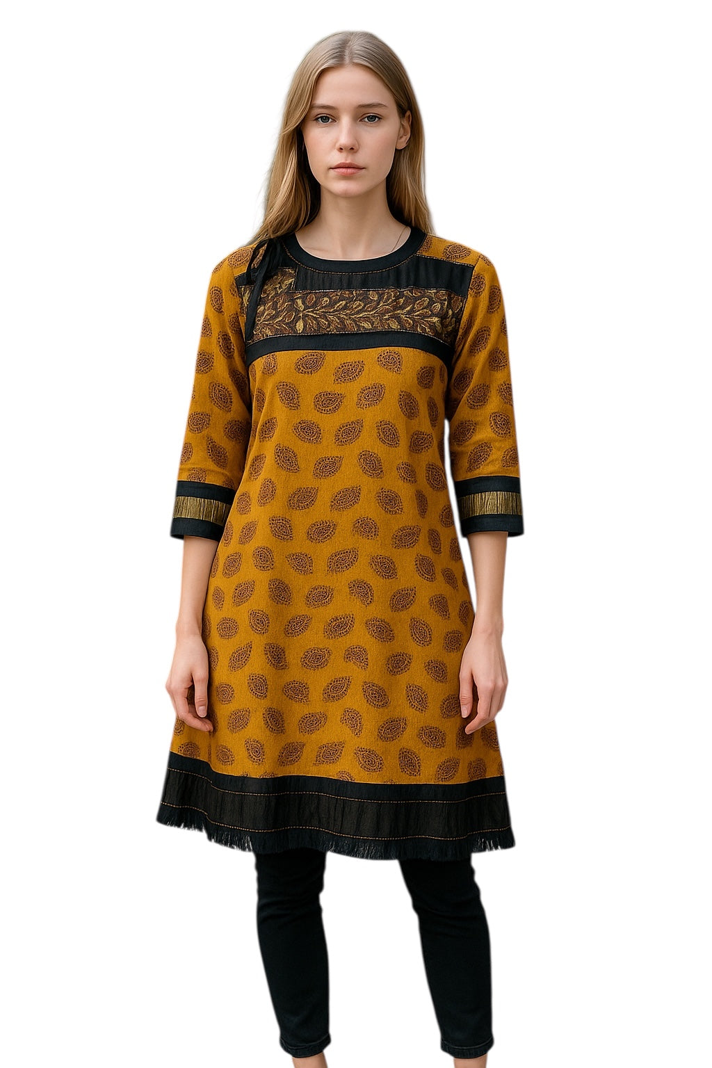 Women Mustard Tunic with Gold Paisly pattern, Black, Gold and Bronze embroider yoke. round neck, 3/4 Sleeves knee length  Kurti.
