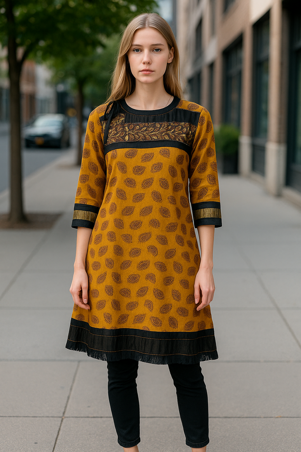 Women Mustard Tunic with Gold Paisly pattern, Black, Gold and Bronze embroider yoke. round neck, 3/4 Sleeves knee length  Kurti.