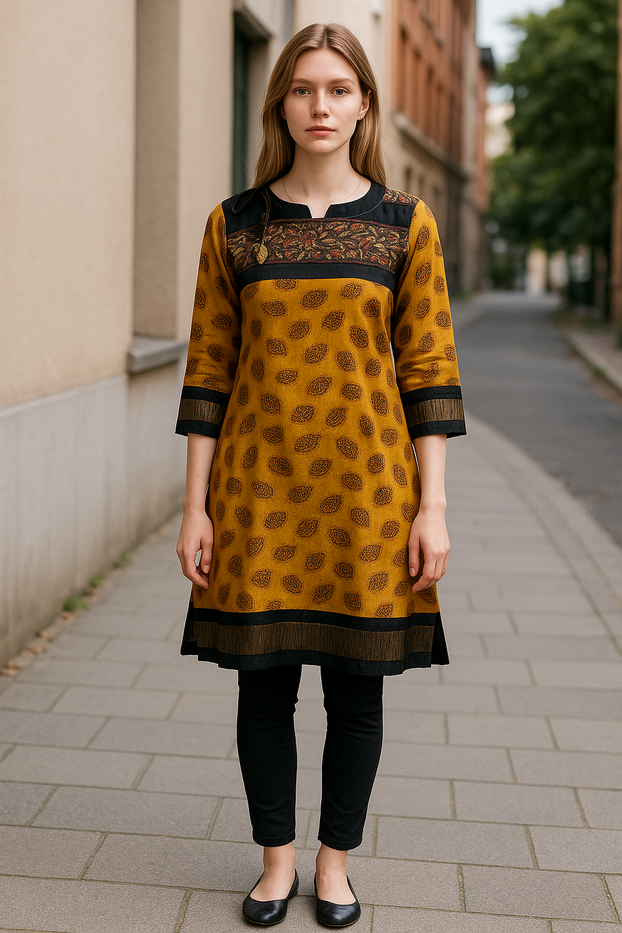Women Mustard Tunic with Gold Paisly pattern, Black, Gold and Bronze embroider yoke. round neck, 3/4 Sleeves knee length  Kurti.