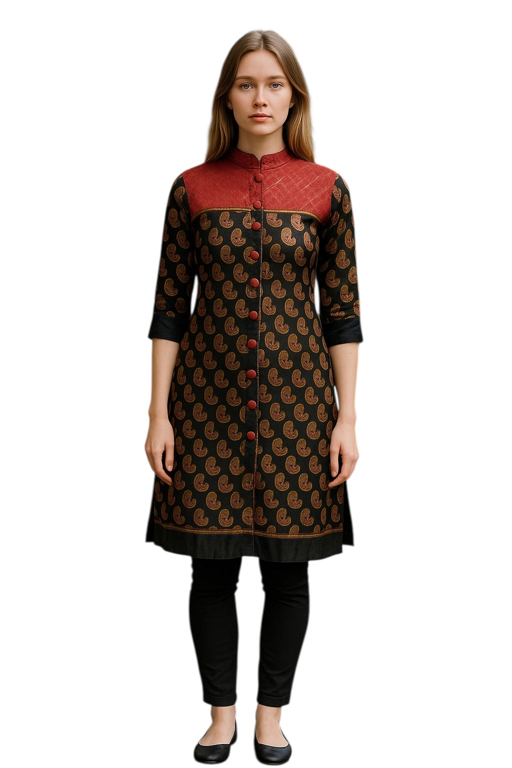 Women Black and Gold Paisly Tunic with Red floral yoke Gold detailing,  black velet sleeve and hem Round neck, 3/4 Sleeves knee length  Kurti, Kurta Top.