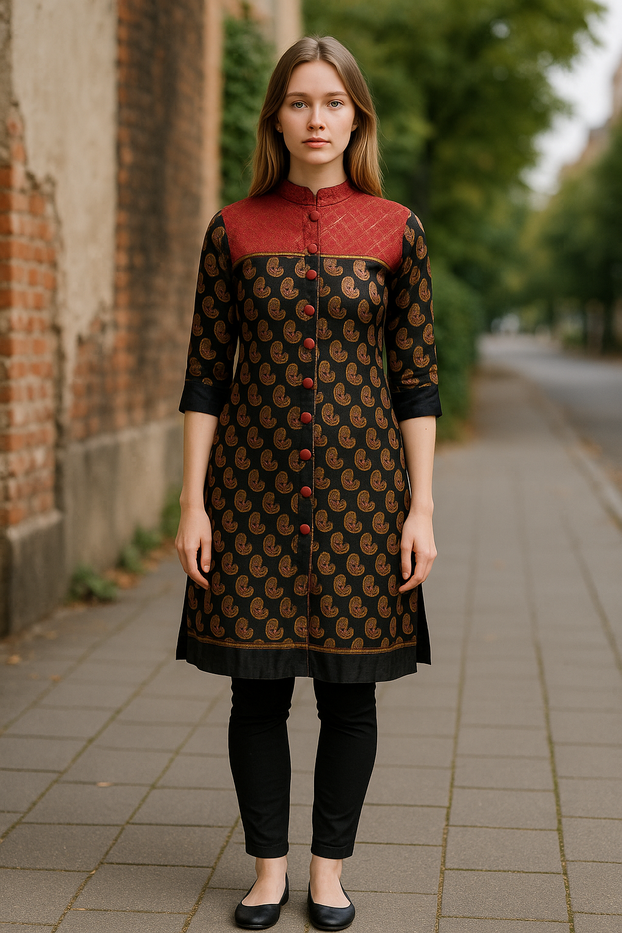 Women Black and Gold Paisly Tunic with Red floral yoke Gold detailing,  black velet sleeve and hem Round neck, 3/4 Sleeves knee length  Kurti, Kurta Top.
