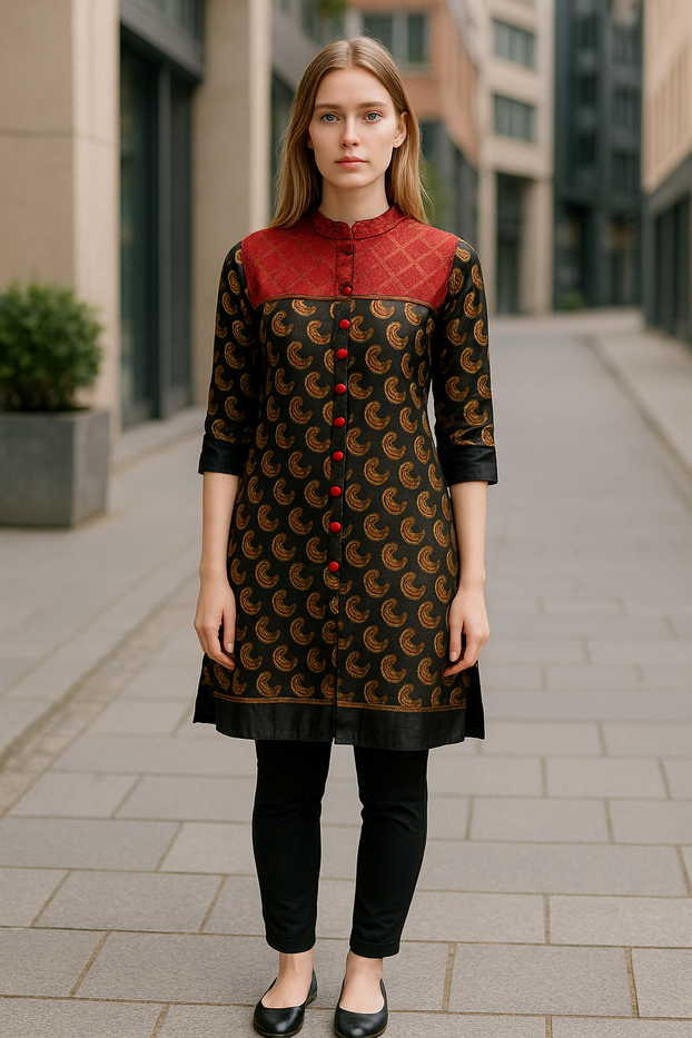 Women Black and Gold Paisly Tunic with Red floral yoke Gold detailing,  black velet sleeve and hem Round neck, 3/4 Sleeves knee length  Kurti, Kurta Top.