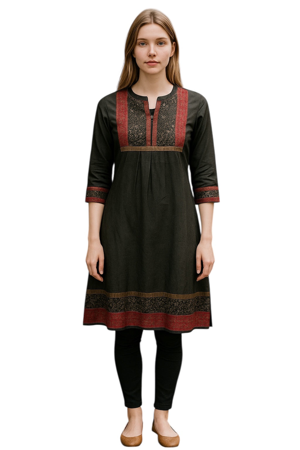 Women Charcoal Grey Tunic with Red and Black and bronze yoke also sleeves and hem same matching  Round neck, 3/4 Sleeves knee length  Kurti, Kurta Top.