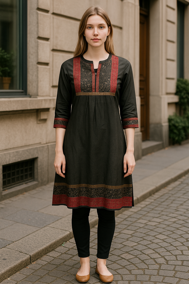 Women Charcoal Grey Tunic with Red and Black and bronze yoke also sleeves and hem same matching  Round neck, 3/4 Sleeves knee length  Kurti, Kurta Top.
