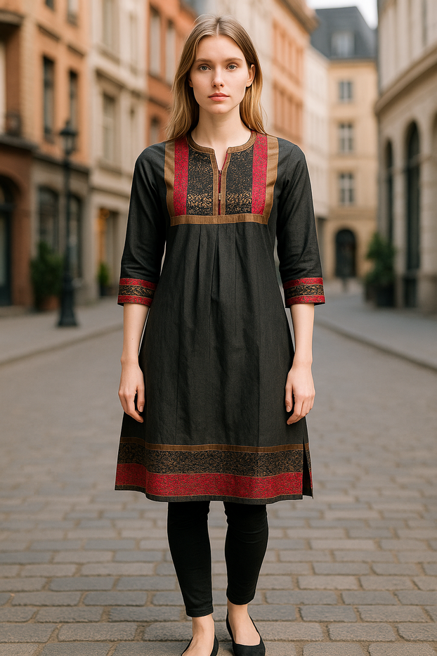 Women Charcoal Grey Tunic with Red and Black and bronze yoke also sleeves and hem same matching  Round neck, 3/4 Sleeves knee length  Kurti, Kurta Top.