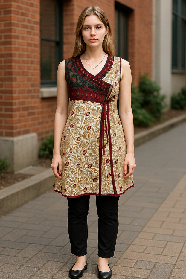 100% Cotton Geometric Cream base with V-Neck with front embroidery Sleeveless, Tunic, Kurti.