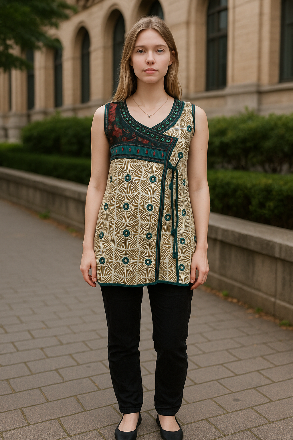 100% Cotton Geometric Cream base with V-Neck with front embroidery Sleeveless, Tunic, Kurti.