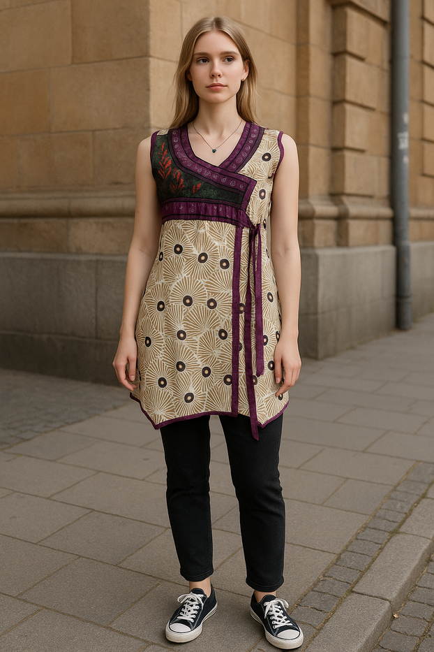 100% Cotton Geometric Cream base with V-Neck with front embroidery Sleeveless, Tunic, Kurti.