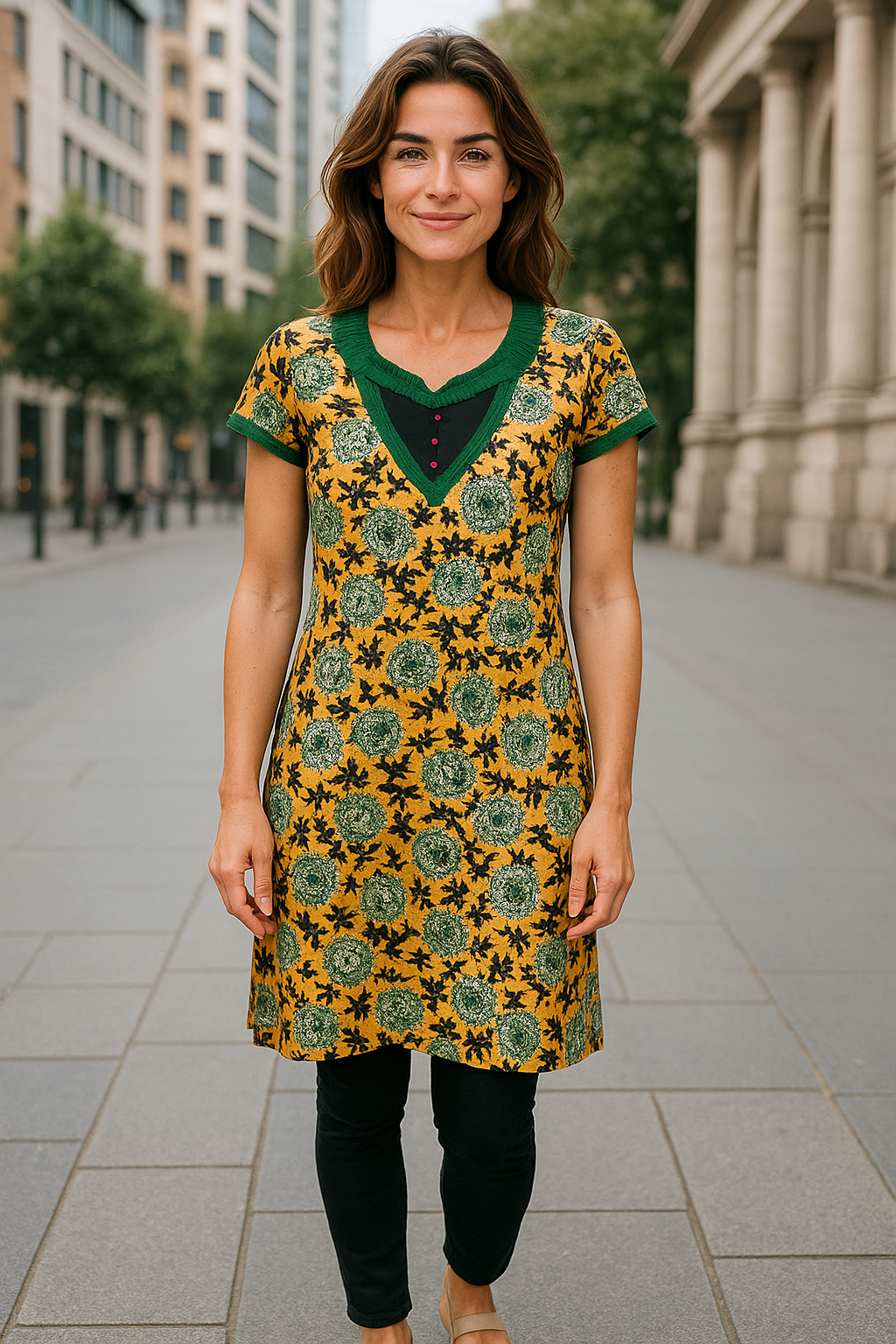 Floral Design with green scalloped V-Neckline with 3 red button, Shortsleeves, Knee length, Kurti, Tunic, Top.