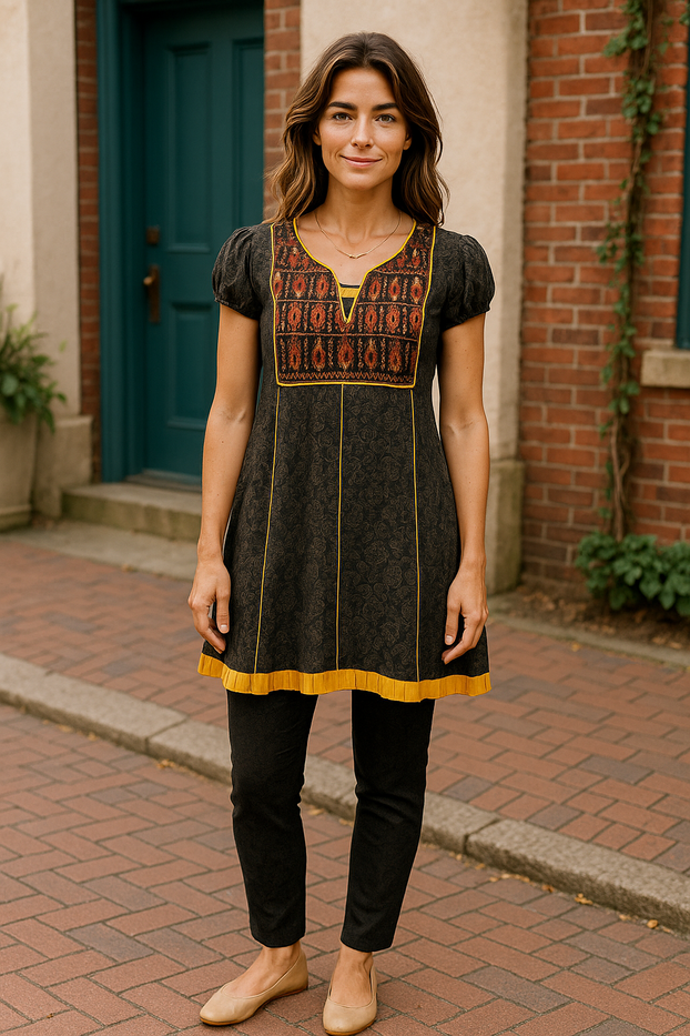 Black Design Kurti with Mango Print with Red, Orange and Gold V-Neckline, Short Sleeves Balloon Kurti, Top.