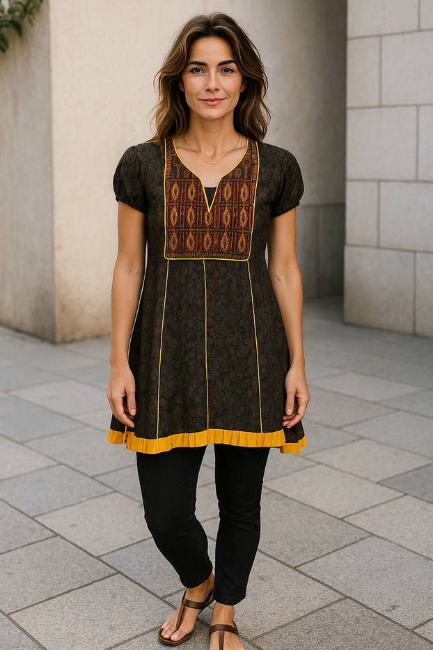 Black Design Kurti with Mango Print with Red, Orange and Gold V-Neckline, Short Sleeves Balloon Kurti, Top.