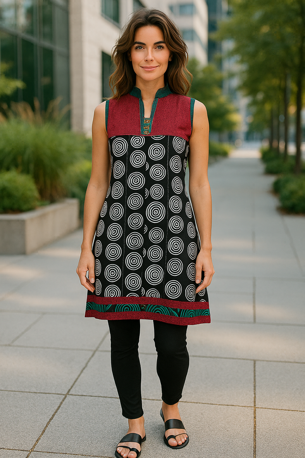 Two Tone Cotton Tunic with vertical Strip Band Collar Sleeveless Kurti, Top.
