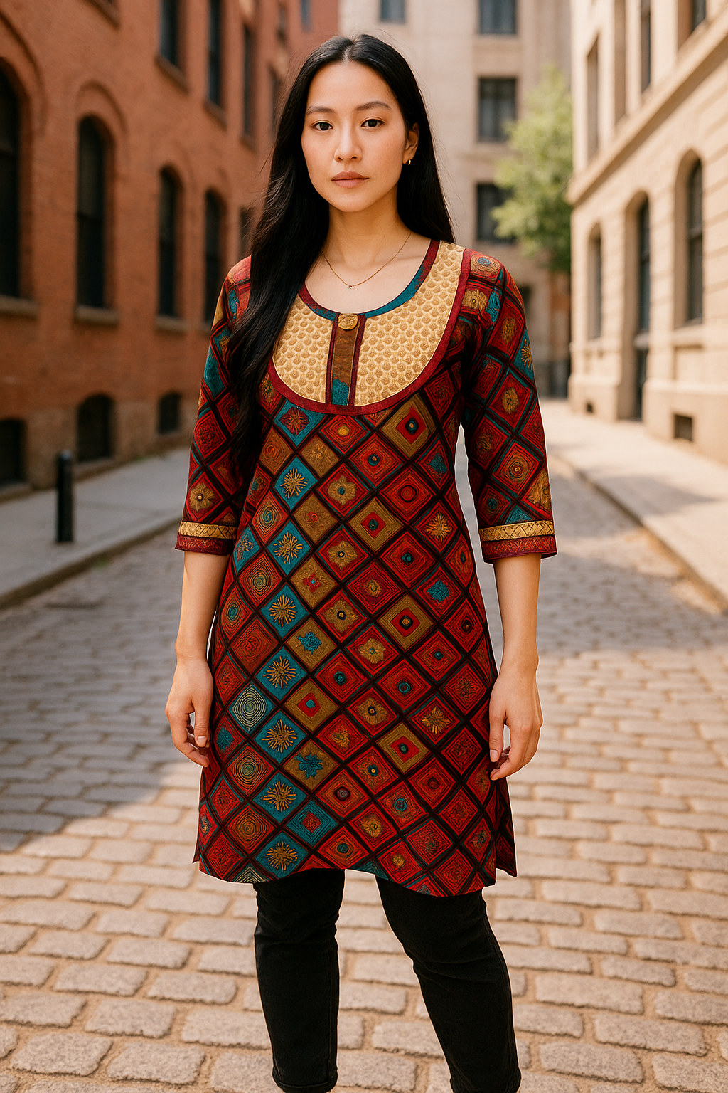 Brown, Blue, and Maroon Design 100% Cotton 3/4 Sleeves, Beige and Red Trim Round Neckline with wooden button Tunic, Tops