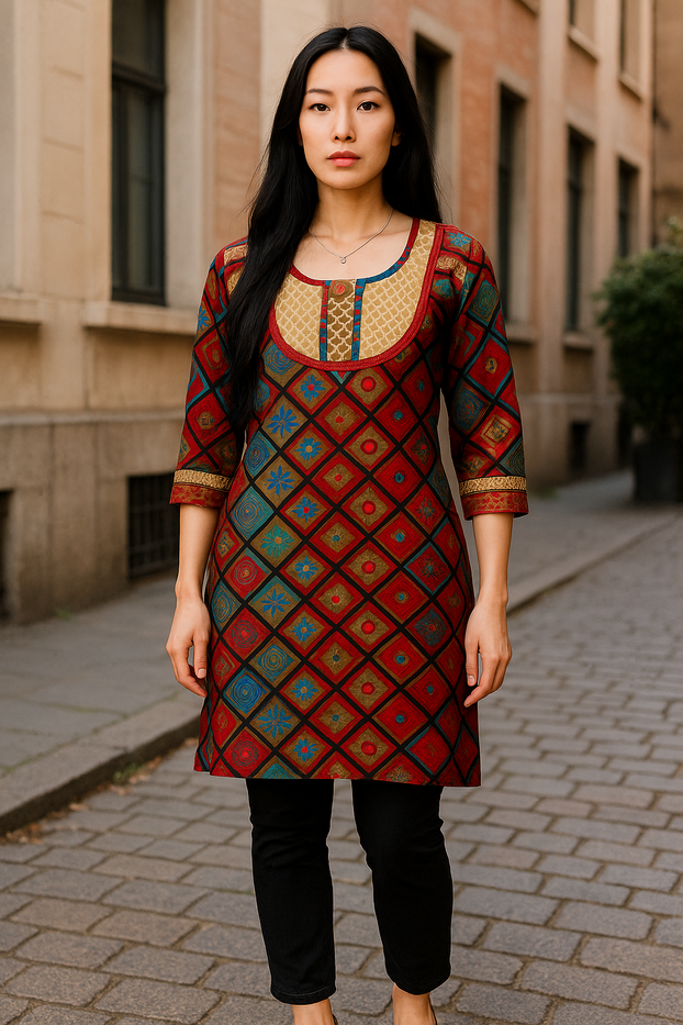 Brown, Blue, and Maroon Design 100% Cotton 3/4 Sleeves, Beige and Red Trim Round Neckline with wooden button Tunic, Tops