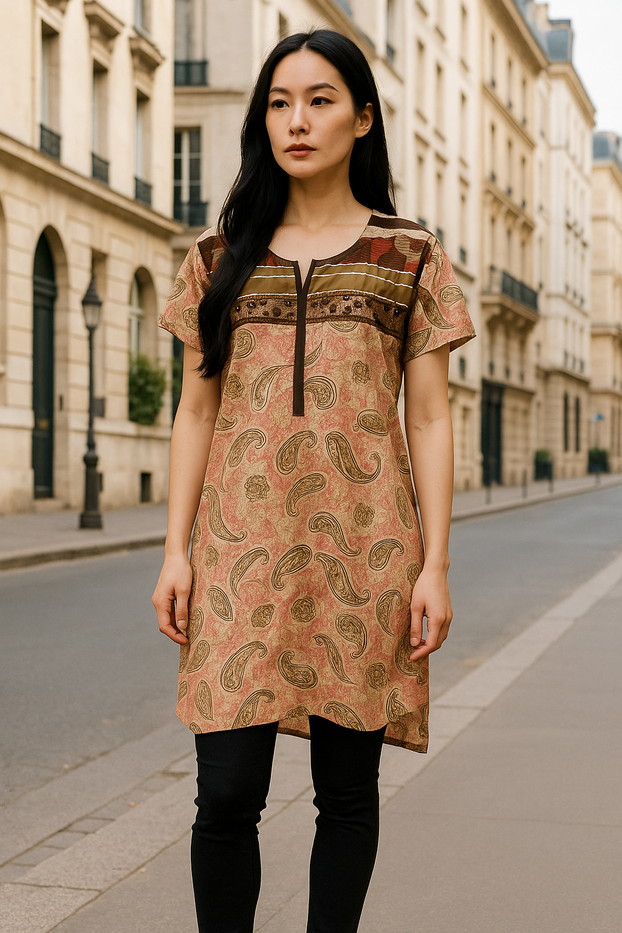 Light Pink Tunic with Golden Paisley pattern, Embroidery around Neckline, Round Neck, Shortsleeves, Knee Length kurti, top.