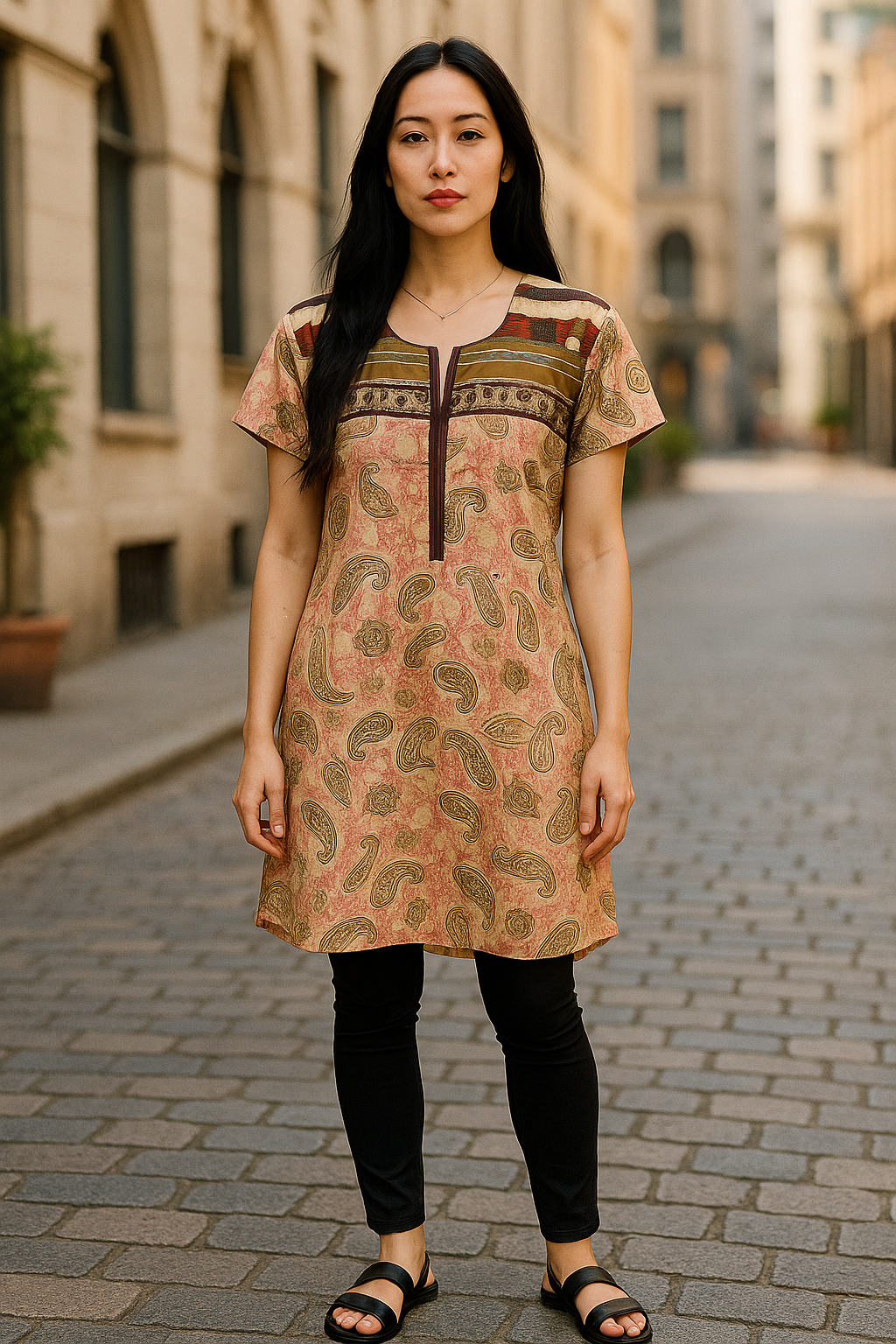 Light Pink Tunic with Golden Paisley pattern, Embroidery around Neckline, Round Neck, Shortsleeves, Knee Length kurti, top.