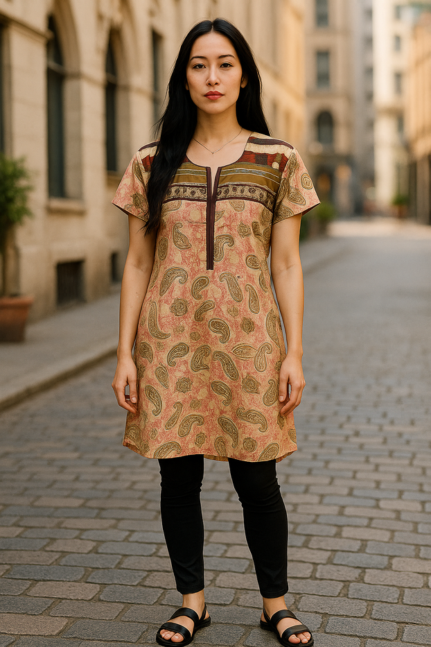 Light Pink Tunic with Golden Paisley pattern, Embroidery around Neckline, Round Neck, Shortsleeves, Knee Length kurti, top.