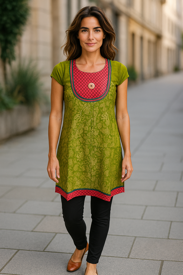 Tunic for Women Floral Design Round Neck Patch with Button Sleeveless Kurti Kurta Tunic Top.