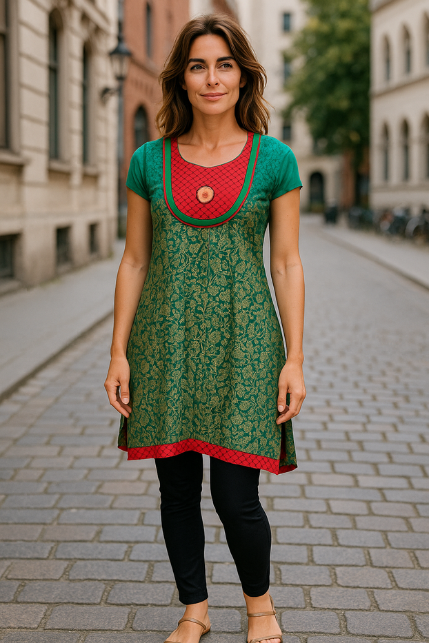 Tunic for Women Floral Design Round Neck Patch with Button Sleeveless Kurti Kurta Tunic Top.