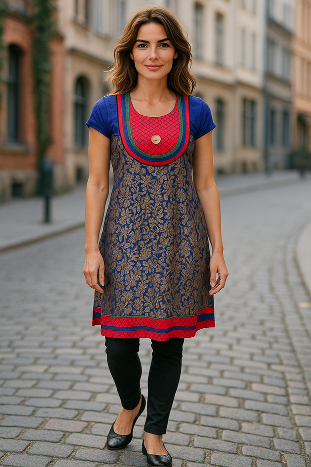 Tunic for Women Floral Design Round Neck Patch with Button Sleeveless Kurti Kurta Tunic Top.