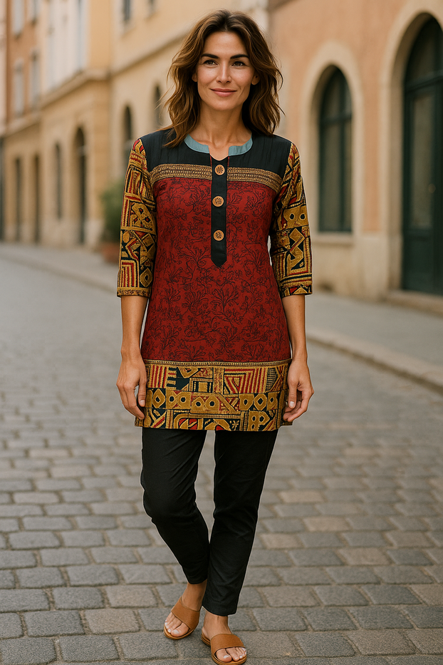 Red Tunic with Black Yoke with 3 Buttons, Round Neck, 3/4 Sleeves Tunic, Tops.