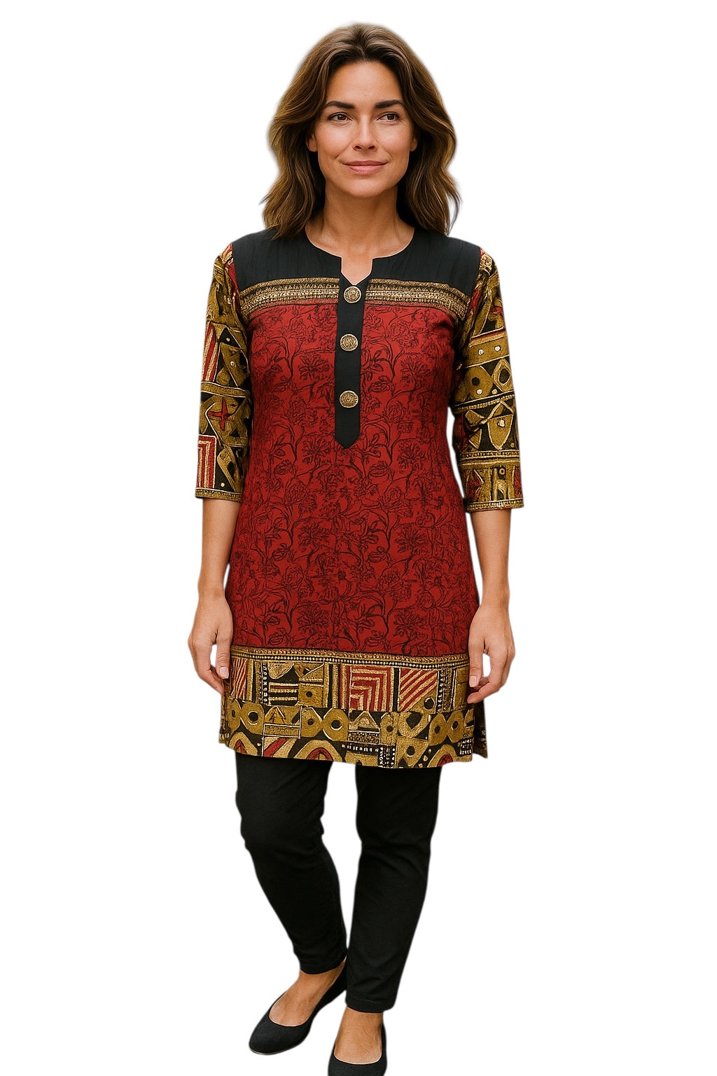 Red Tunic with Black Yoke with 3 Buttons, Round Neck, 3/4 Sleeves Tunic, Tops.