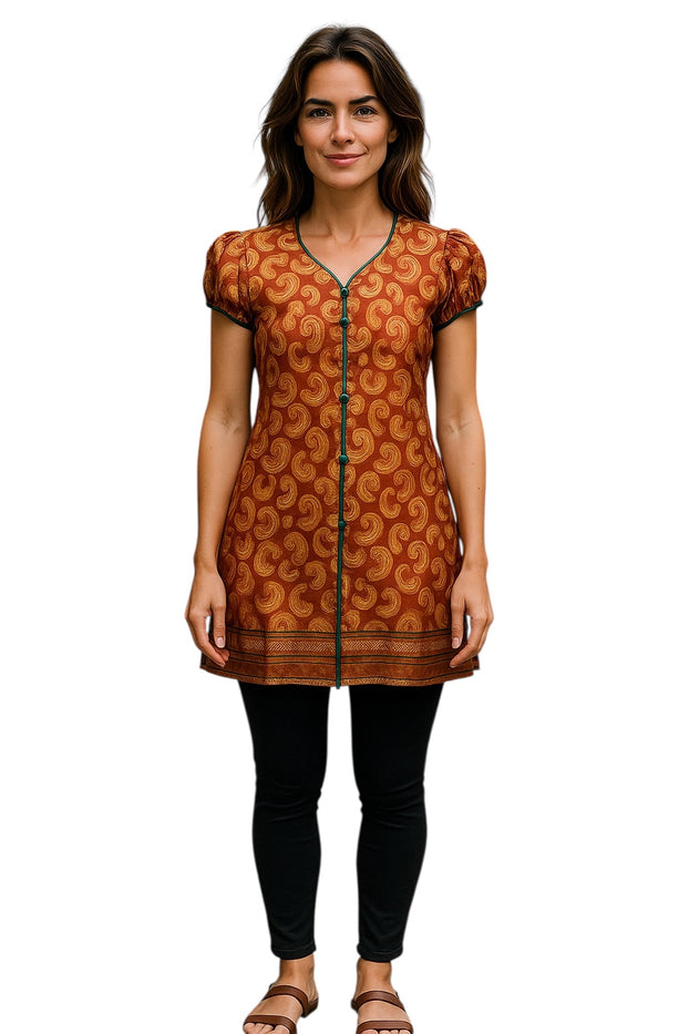 Tunic for Women Paisley Floral Design, Ballon Short Sleeves, V-Neck Piping with&nbsp;Button, Kurti, Top.