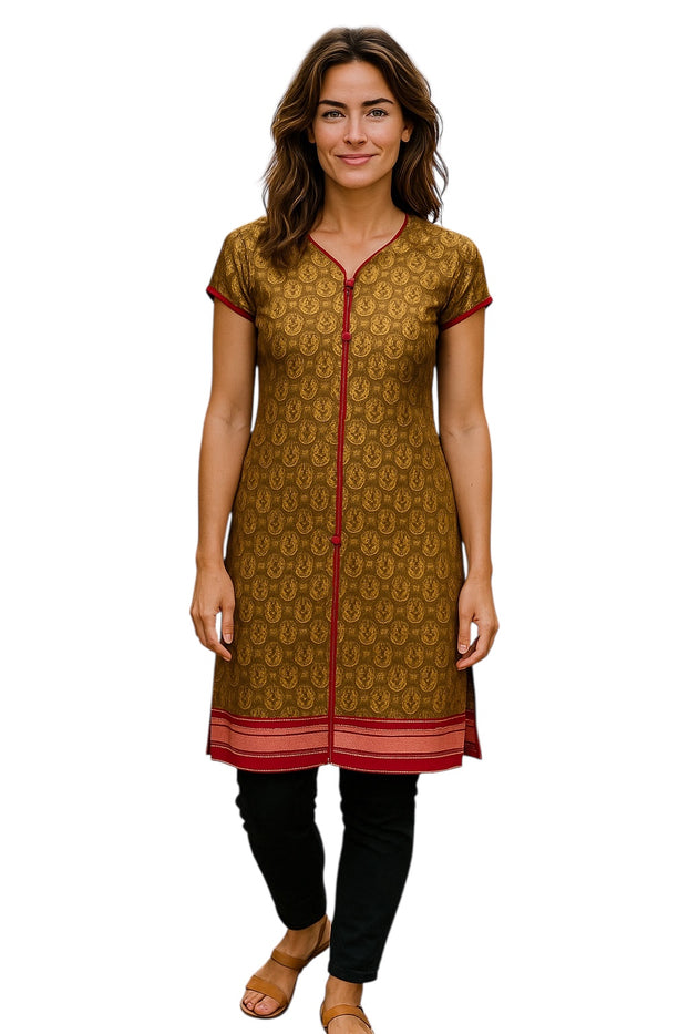 Tunic for Women Paisley Floral Design, Ballon Short Sleeves, V-Neck Piping with&nbsp;Button, Kurti, Top.