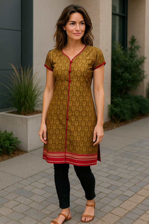 Tunic for Women Paisley Floral Design, Ballon Short Sleeves, V-Neck Piping with&nbsp;Button, Kurti, Top.