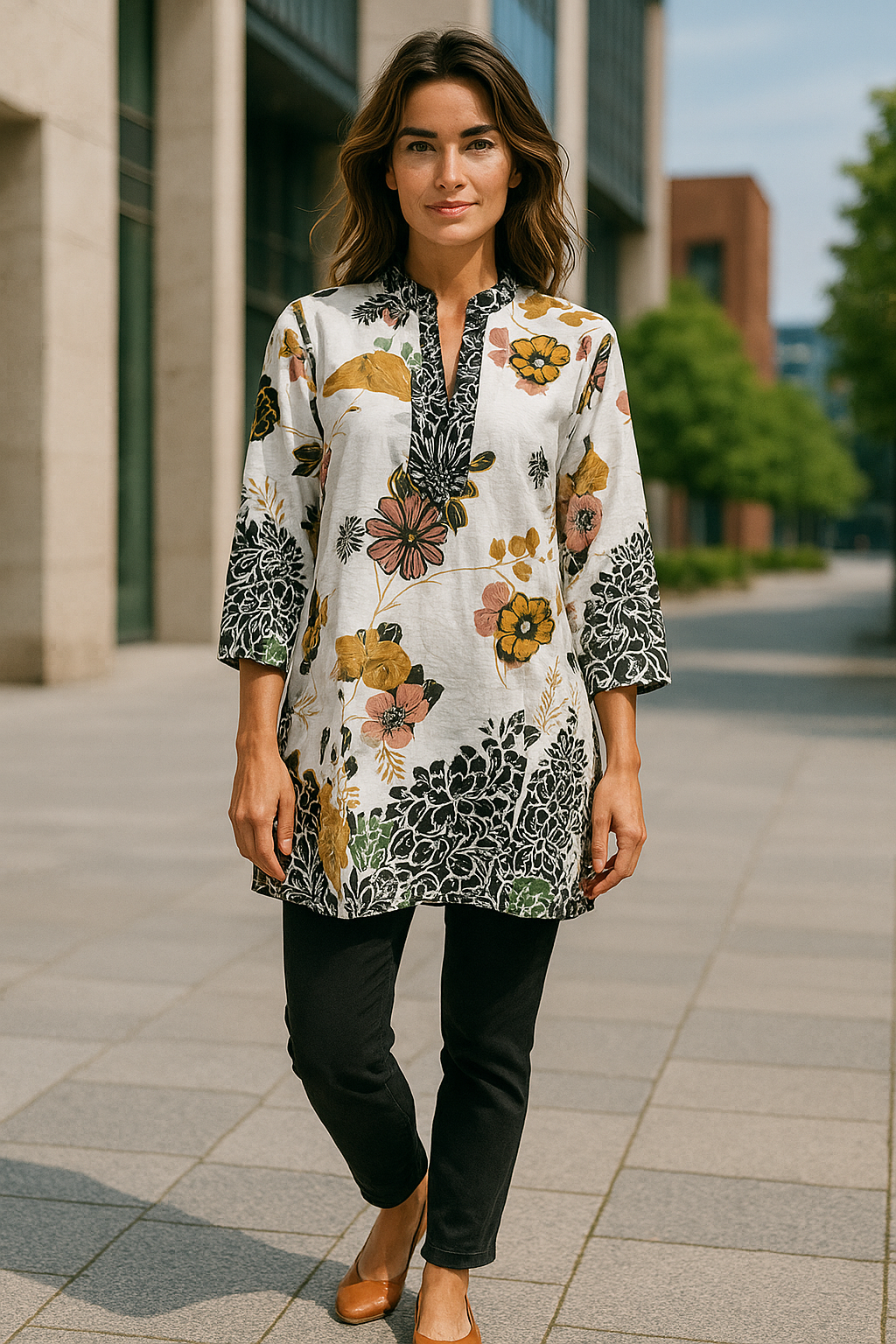Tunic for Women Multi Color Floral Print on White base, Round Neck, 3/4 Sleeves and Mandarin Collar Kurti, Top.