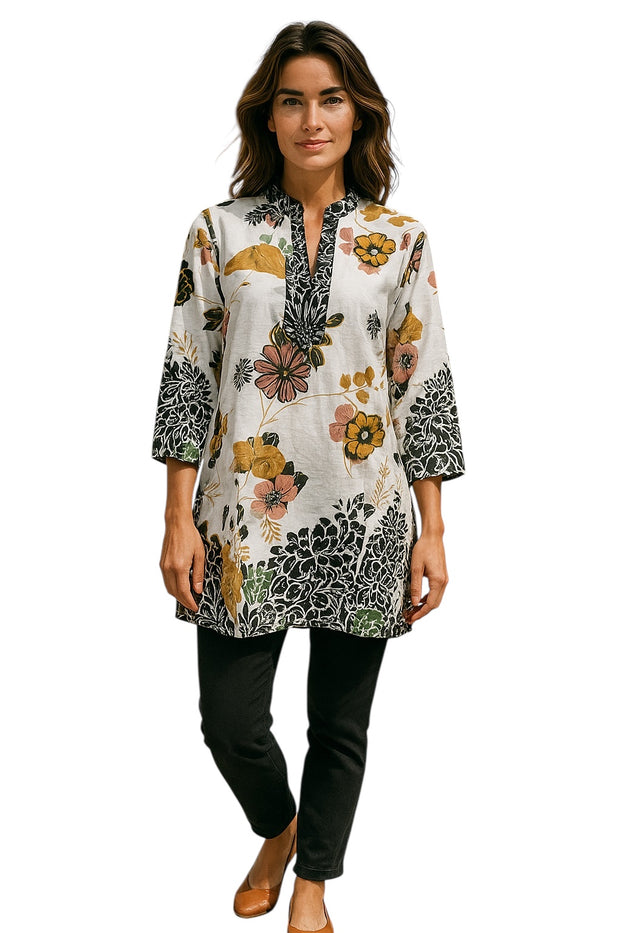 Tunic for Women Multi Color Floral Print on White base, Round Neck, 3/4 Sleeves and Mandarin Collar Kurti, Top.