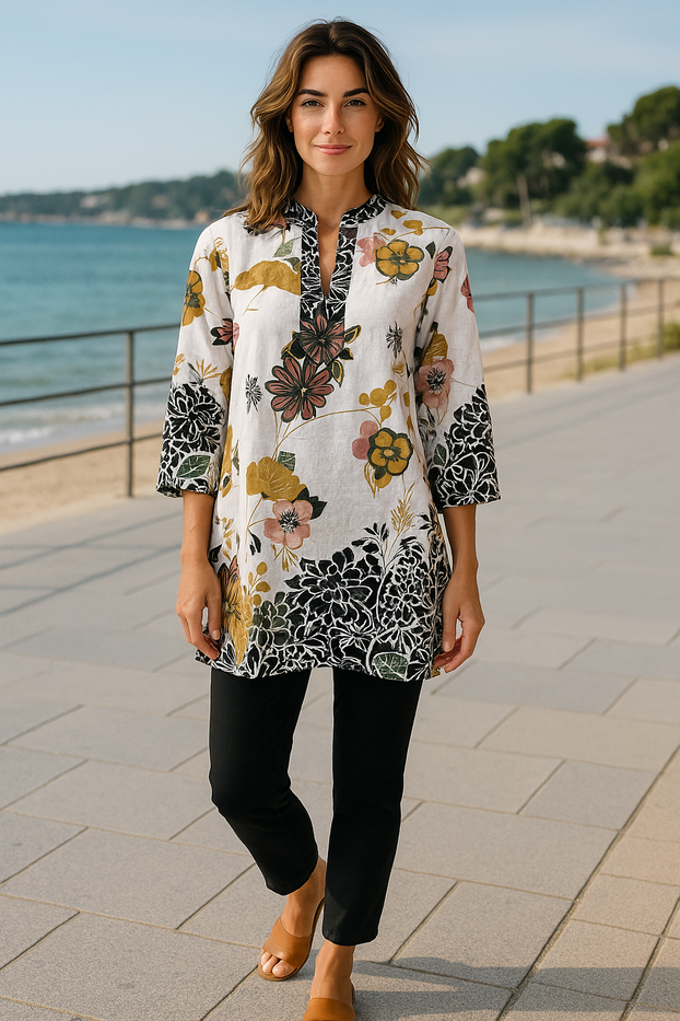 Tunic for Women Multi Color Floral Print on White base, Round Neck, 3/4 Sleeves and Mandarin Collar Kurti, Top.